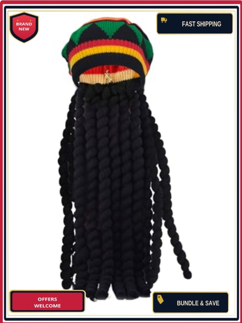 Crochet Knit Rasta Beret with Black Dreadlocks Wig Costume Hat
